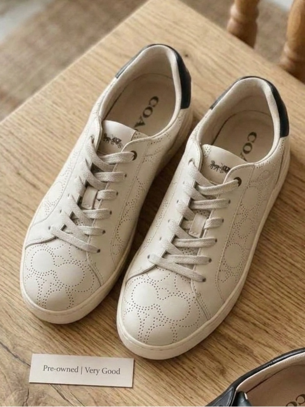 COACH Beige Leather Perforated Sneakers with Black Heel Tab